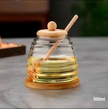 Glass Honey Jar with lid+plate & Honey Spoon