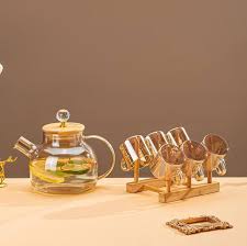 Set of Glass Kettle with bamboo lid & 6 Cups