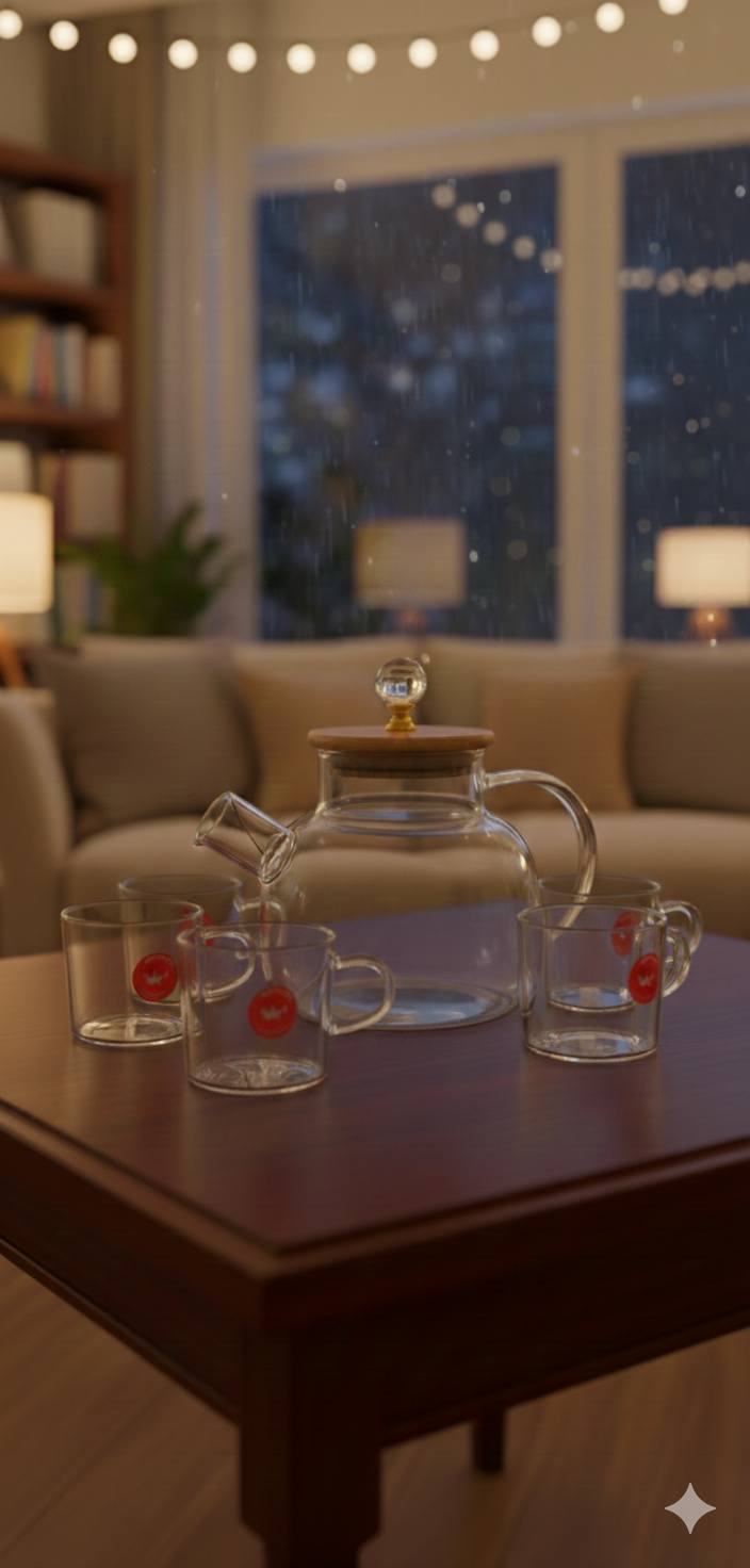 Set of Glass Kettle with bamboo lid & 6 Cups - Image 4